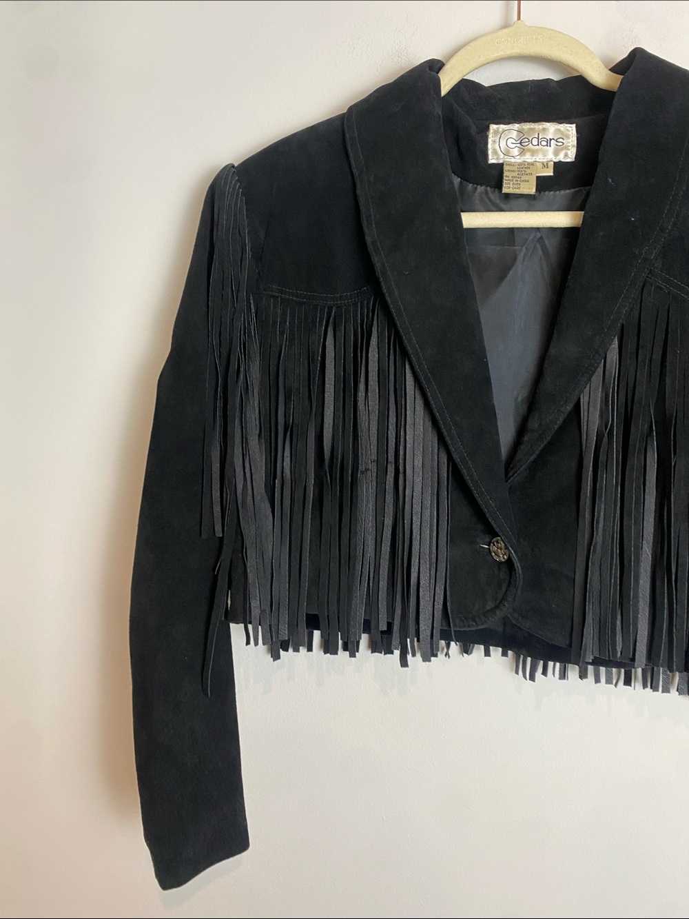 Vintage Cedars Black Fringe Suede Leather Cropped Cowgirl Collared Coat Size M - Picture 2 of 7